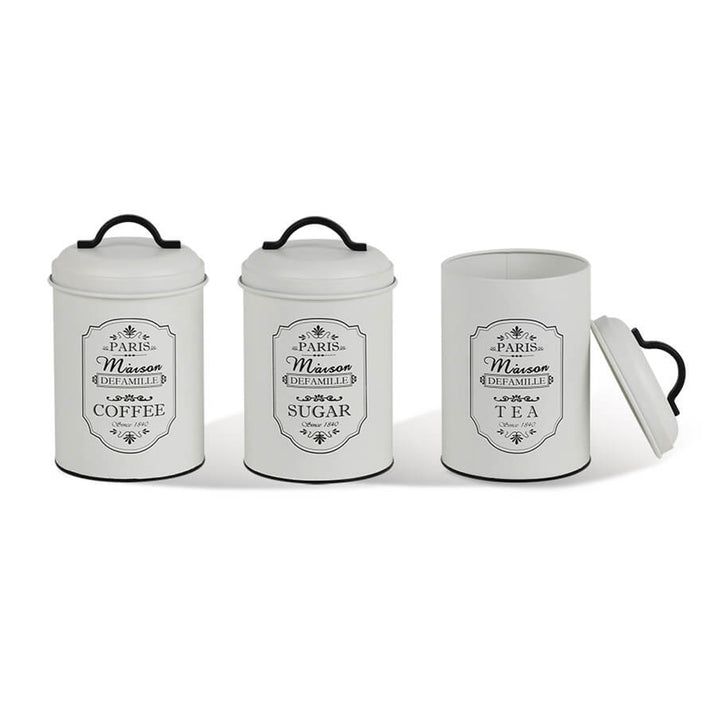 Paris 3pcs Storage Tins Set Metal Storage Tins Sugar Coffee Tea Kitchen Container Sugar Coffee Tea 3x Ø11,3 x 18,5cm White/Black