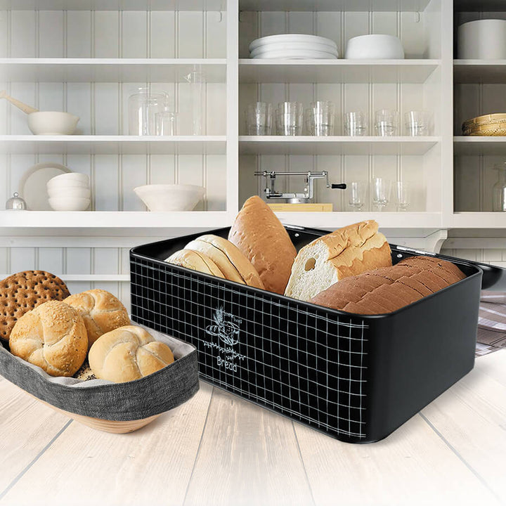 Brotkasten Brotbehälter Brotbox Brotdose Brotbox mit Deckel 30x20x15,7 cm Stahl Schwarz