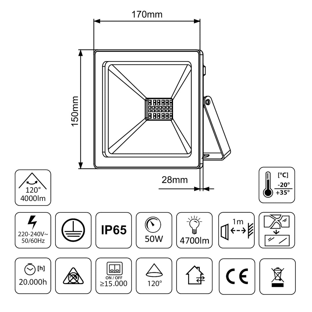 Halogen LED Floodlight with Stand 50W Neutral White 4000lm Workshop Garage IP65 Waterproof