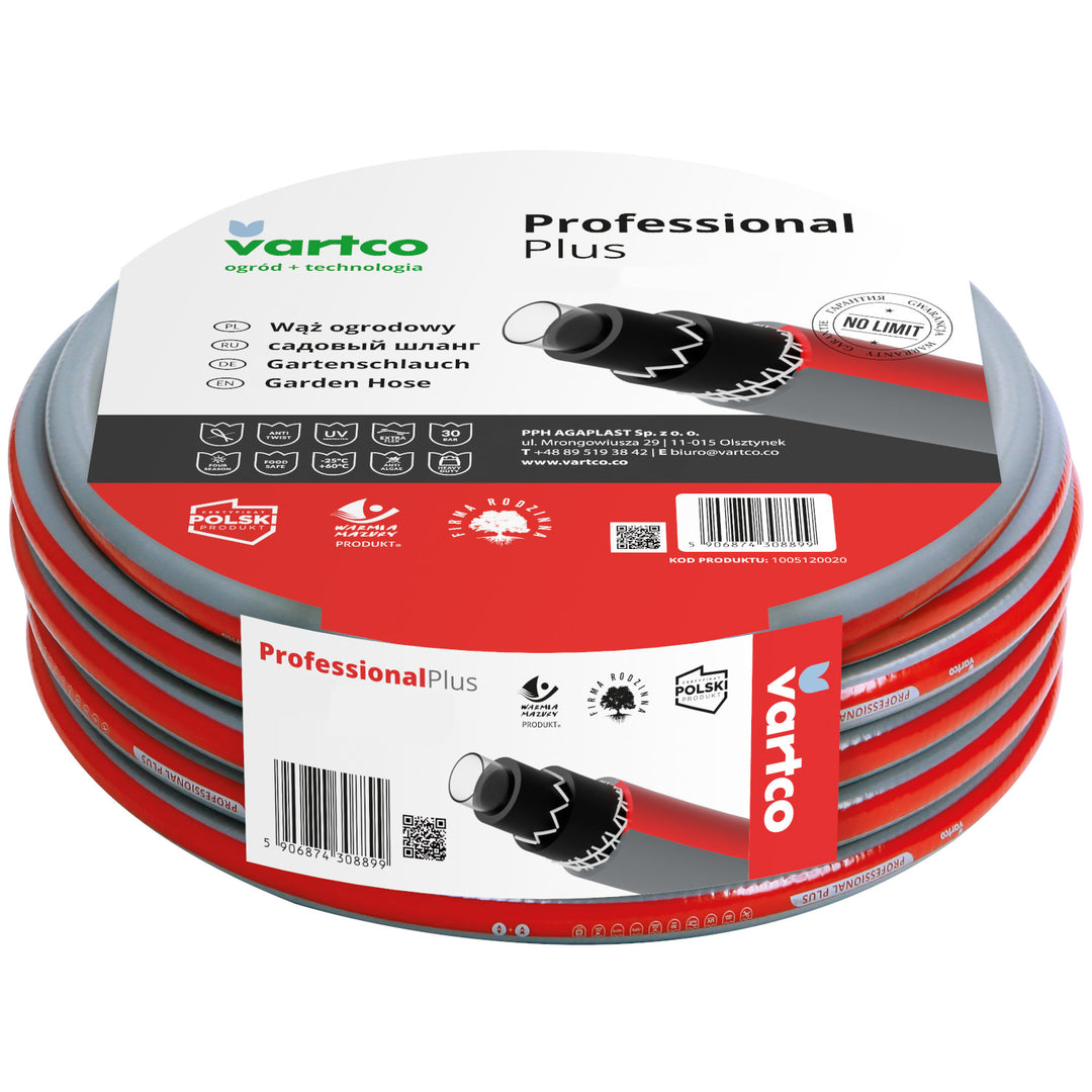 30m 1/2" 6-Layer Garden Hose Pipe with Connectors Vartco Professional Plus & Cellfast Couplings