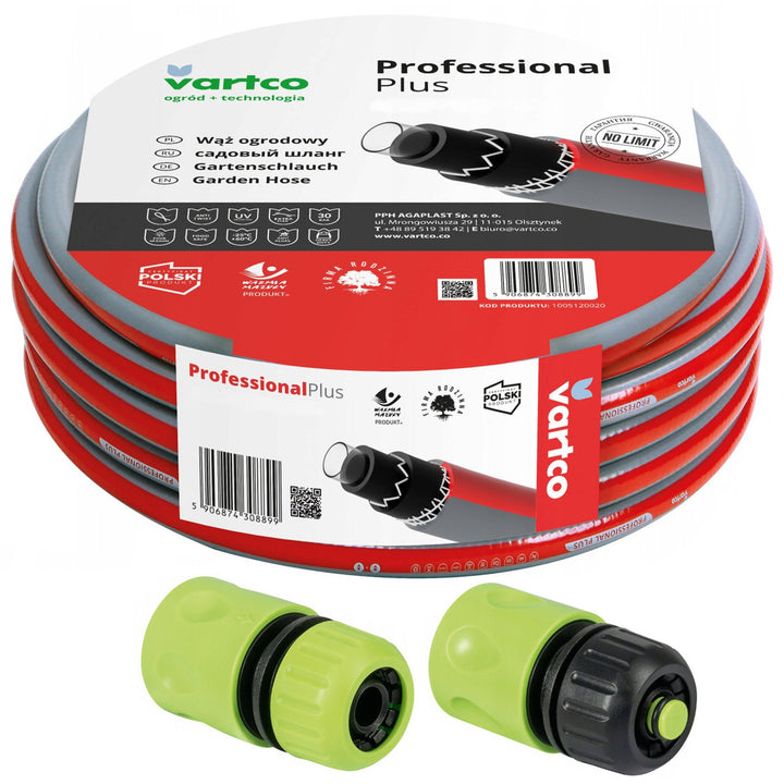 30m 1/2" 6-Layer Garden Hose Pipe with Connectors Vartco Professional Plus & Cellfast Couplings