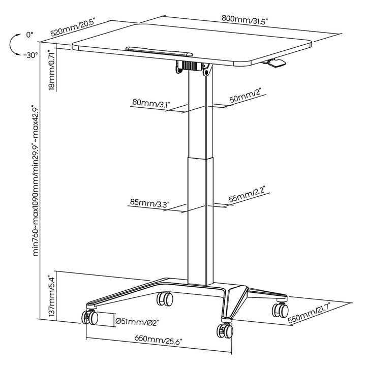 Maclean bureau mobile pour ordinateur portable, blanc, réglage pneumatique de la hauteur, 80x52cm, 8kg max, 109cm h, MC-453W