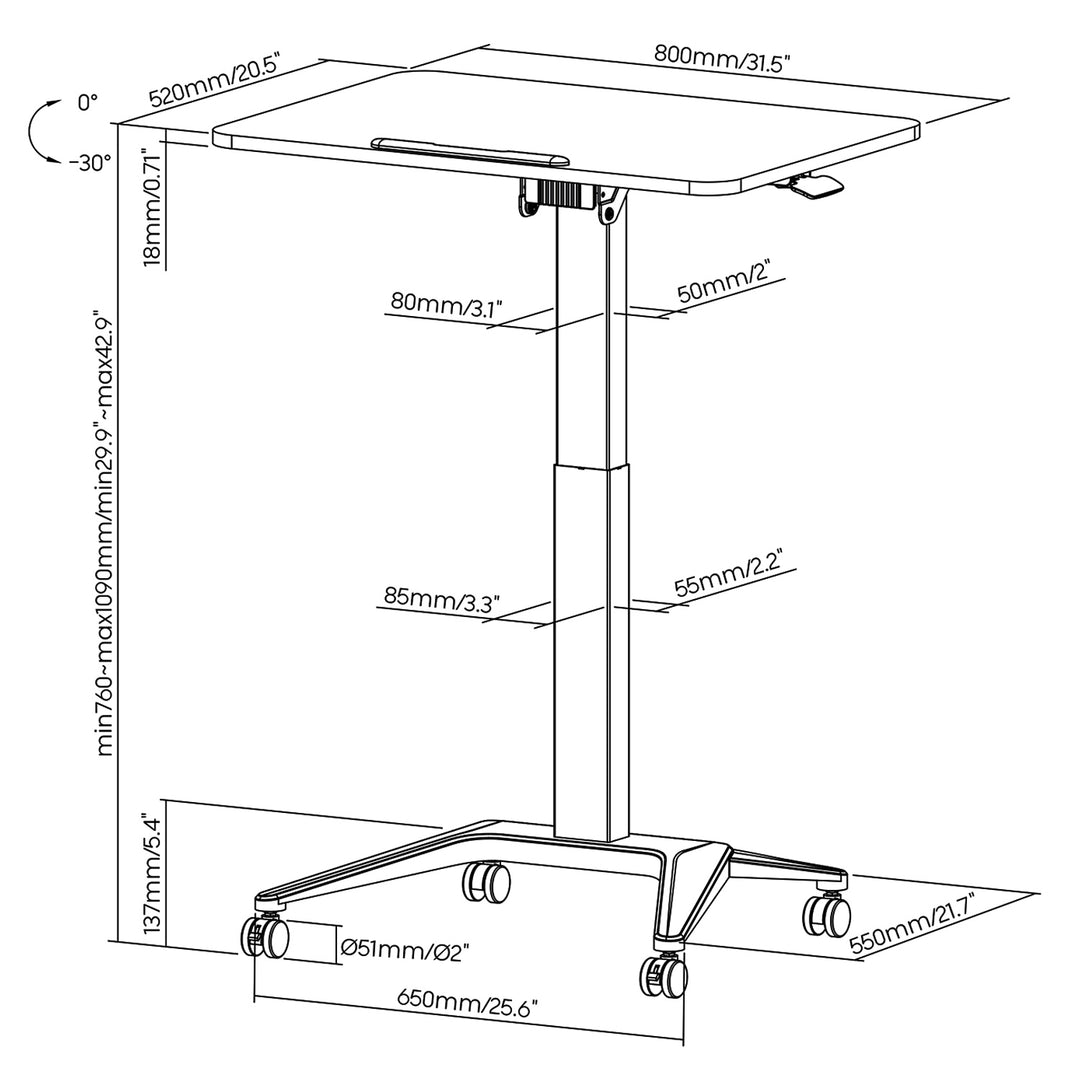 Maclean MC-453B bureau mobile pour ordinateur portable, noir, réglage pneumatique de la hauteur, 80x52cm, 8kg max, 109cm h, MC-453B