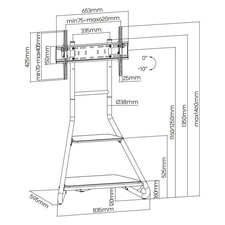 Eck-TV-Ständer im Bauhaus-Stil, Freistehender TV-Halter mit Zwei Ebenen aus Holz, Belastbarkeit bis zu 10 kg, TV-Halterung bis zu 40 kg, 37-75'', Max. VESA 600x400, Max. Höhe 1460 mm