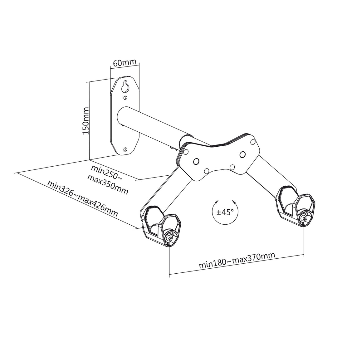 Maclean MC-457 Fahrrad-Wandhalterung Wandfahrradträger mit 2 Haken Horizontal Fahrradwandhalterung Fahrradhalter max. Belastung 25kg, Verstellbare Armabstände 45°