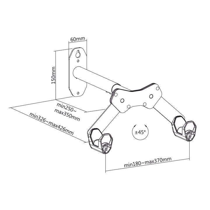 Maclean MC-457 Bicycle Wall Mount Wall Bicycle Rack with 2 Hooks Horizontal Bicycle Wall Mount Bicycle Holder Max. Load 25kg, Adjustable Arm Distances 45°