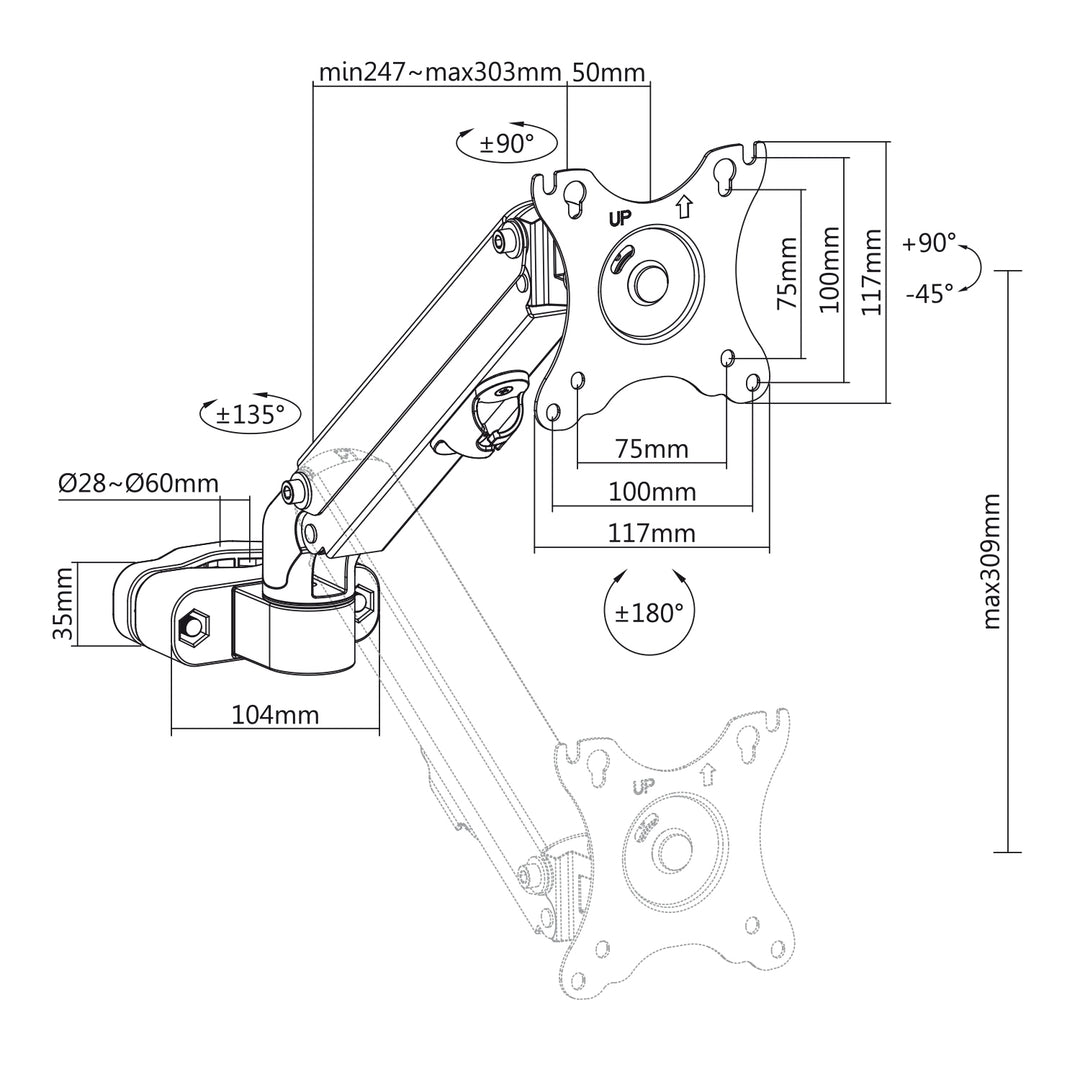 Support de moniteur pour tube/poteau 28-60mm Maclean, 17-27'', 7kg max, vérin à gaz, MC-459