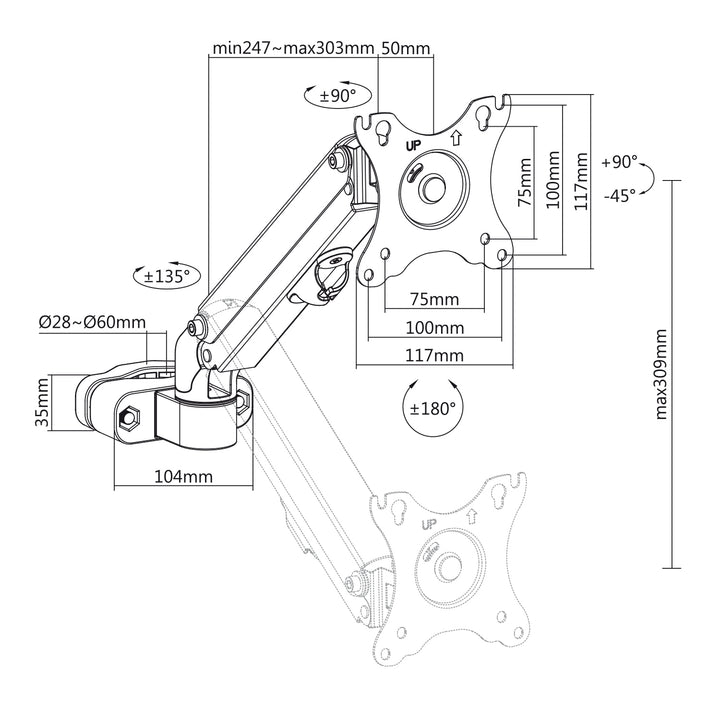 Monitor-Halterung für Rohr/Pfosten 28-60mm, 17-27" Flach & Curved Bildschirme bis zu 7kg VESA 75x75 oder 100x100 Schwenkbar, Neigbar und Drehbar, Universal Monitor Halterung