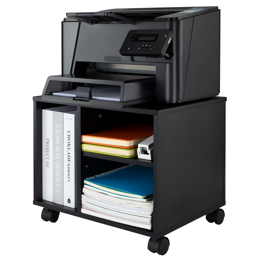 Maclean MC-477 Printer Office Cabinet Filing Office Data Two Shelves One Compartment Rolling Storage Container Black