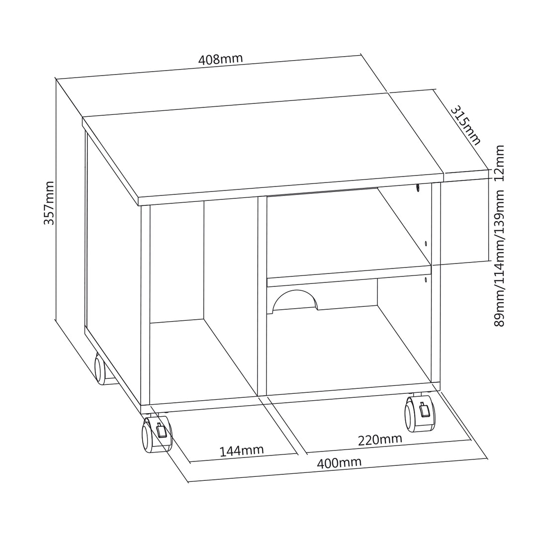 Maclean MC-477 Printer Office Cabinet Filing Office Data Two Shelves One Compartment Rolling Storage Container Black