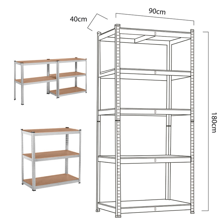 GreenBlue GB378 Metal Storage Rack Cabinet Shelves 175kg x5 180x90x40cm Galvanized Folding MDF