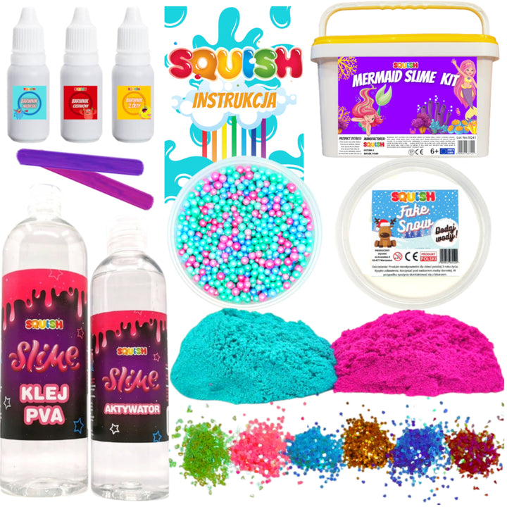 Squish Slime Mermaid Slime Set van 15 stuks + Emmer voor lijmopslag Activator Beads Pailletten Kinetic Sand Dyes