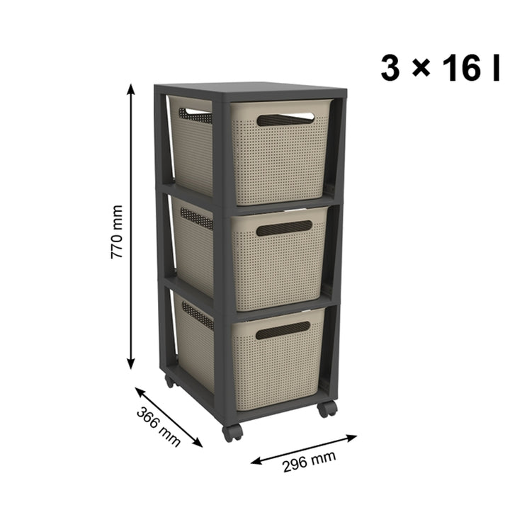 Rollcontainer auf Rädern mit 3 Aufbewahrungskörben 3x 16L Schubladen Schubladen-Box Lochmuster-Optik Aufbewahrungsbox aus Kunststoff  Cappuccino