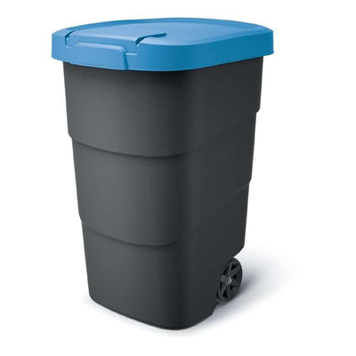 Wheeler 110L afvalbak op wielen en deksel groot universeel vuilnisbak buiten sorteren recycling kunststof zwart en blauw
