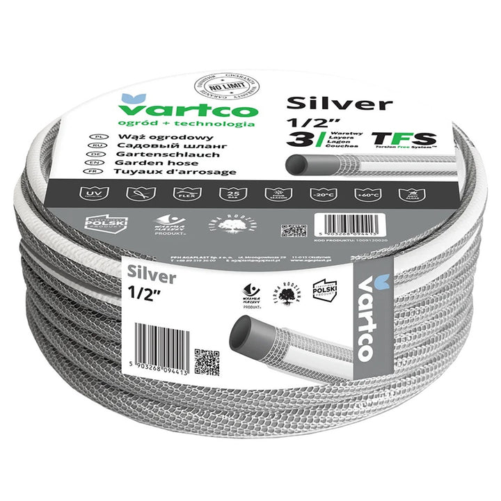 Vartco Silver 1/2" 3-Layer Garden Pipe Hose 20m Silver Kink Torsion Free Flexible Durable TFS Braided Polyester Thread Thick