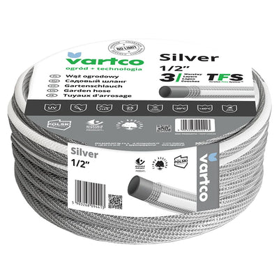 Vartco Silver 1/2 Zoll 3-lagiger Gartenschlauch, 20 m, silberfarben, knickfest, verwindungsfrei, flexibel, langlebig, TFS, geflochtener Polyesterfaden, dick