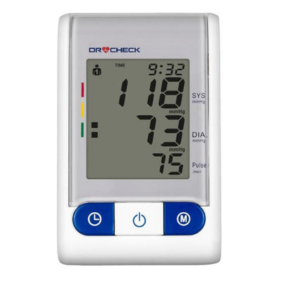 Dr Check CM-300 Automatisches Oberarm-Blutdruckmessgerät mit M/L 22–42 cm Manschette, Herzfrequenzmesser, Blutdruckmessgerät, LCD-Display, batteriebetrieben