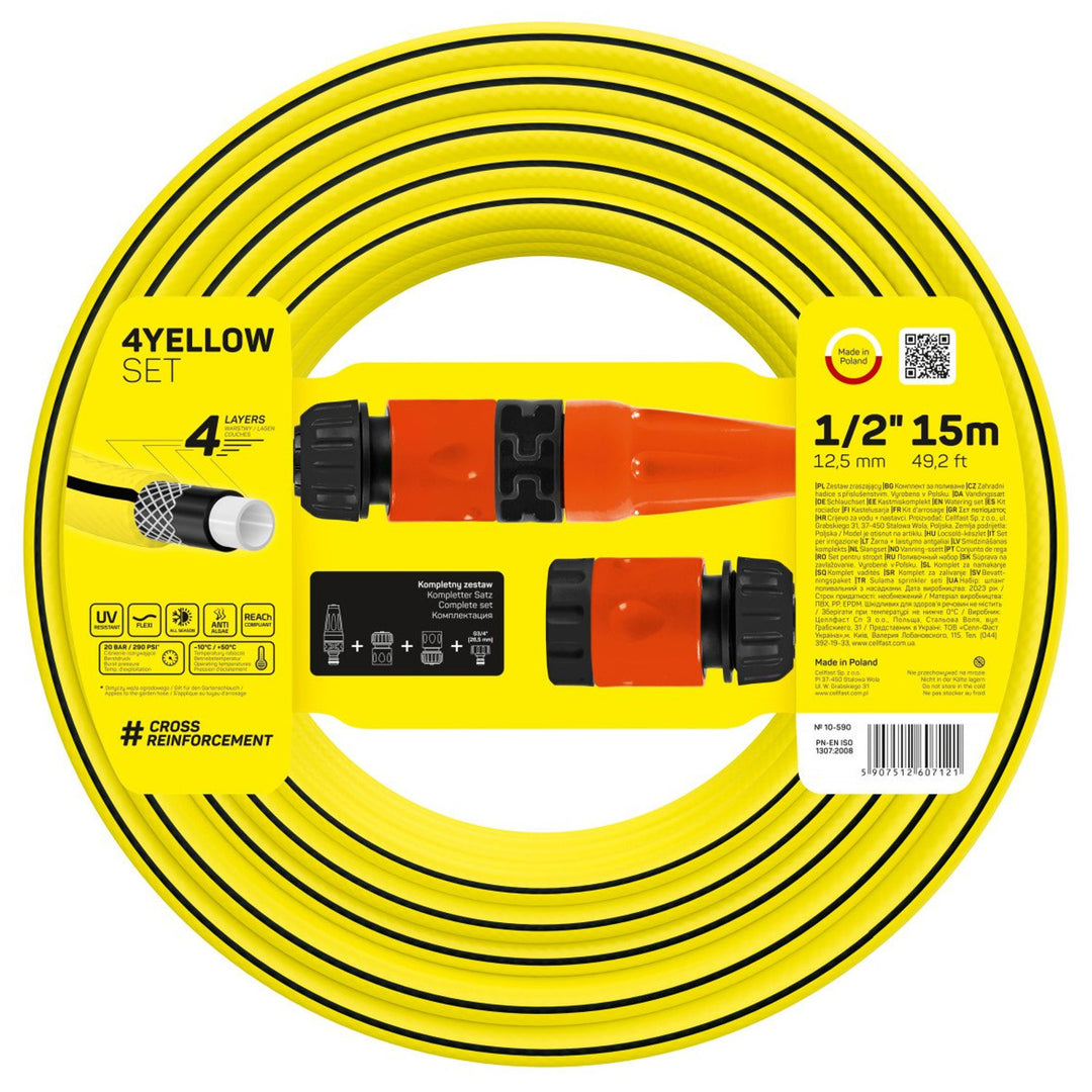 Cellfast 4Yellow 4-lagiger Gartenschlauch Schlauchset mit Zubehör Garn - Kreuzgeflecht UV und Algenfest Max. 20 Bar Sprinkler 1/2" 15 m