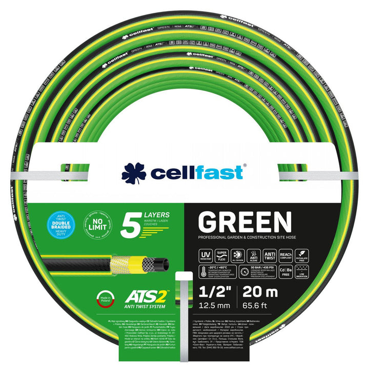 CELLFAST GREEN 15-102  Garden Water Hose 5-Layer Irrigation 30 Bar ATS2 1/2" 20m