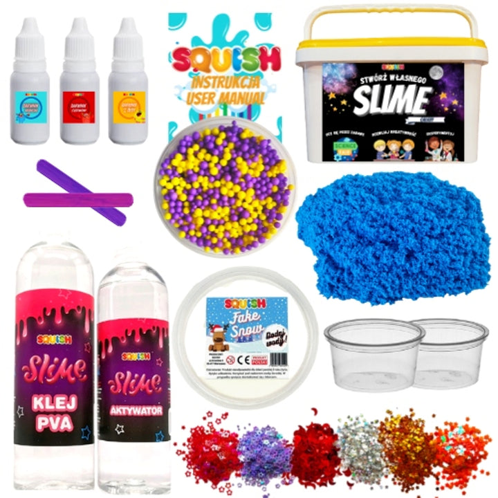 SQUISH SQ44 Slime Galaxy Making Kit 18-teiliges Set Zubehör PVA Kleber Aktivator Pailletten Fake Schnee Kinetic Sand Cloud Crunchy Clear Glitter Galaxy