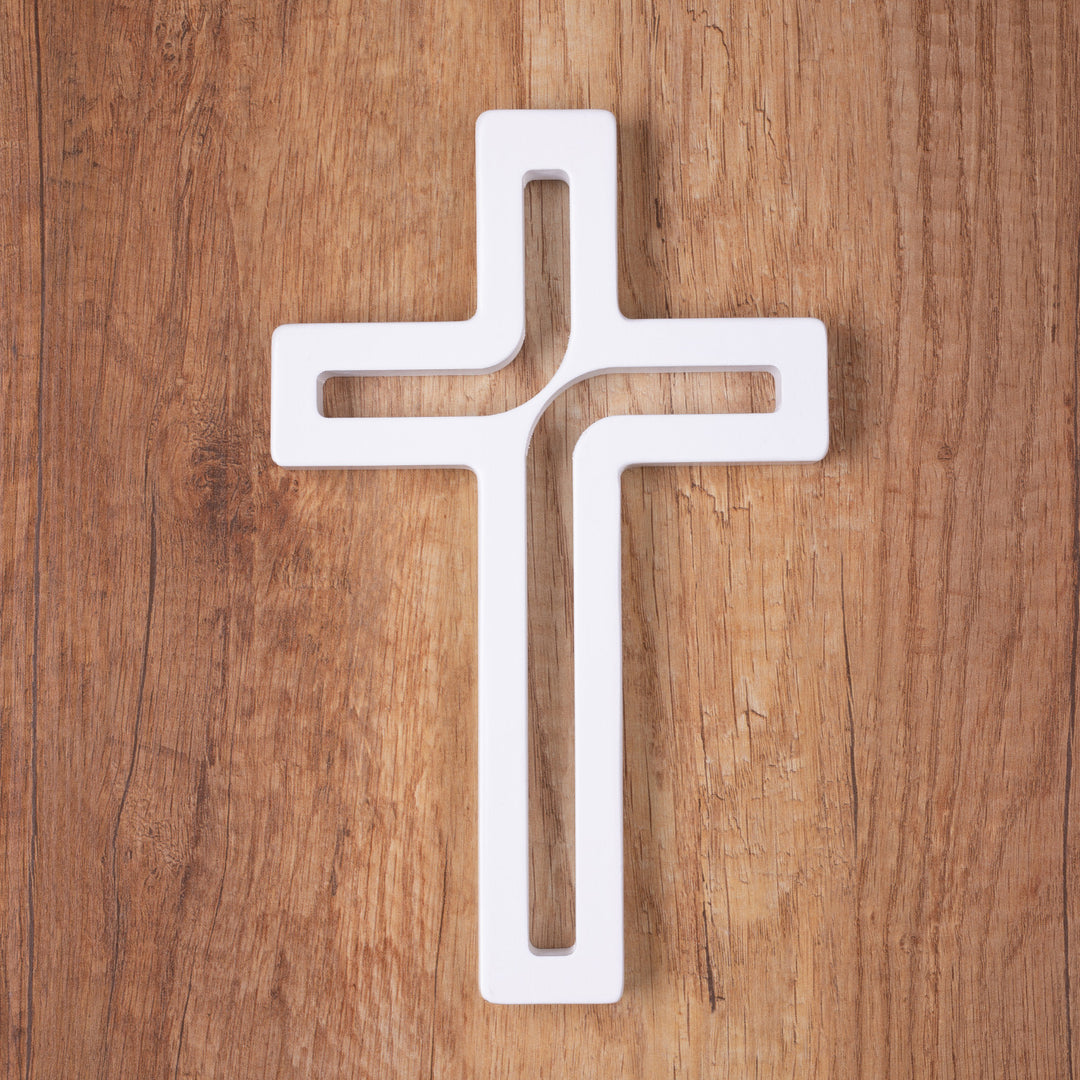 Wooden Hanging Cross Modern White 18x12x1.5 cm Beech Wood Natural Elegan Gift Christening Wedding Communion