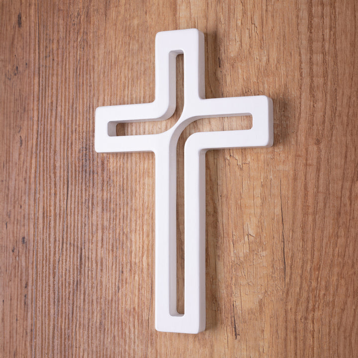 Wooden Hanging Cross Modern White 18x12x1.5 cm Beech Wood Natural Elegan Gift Christening Wedding Communion