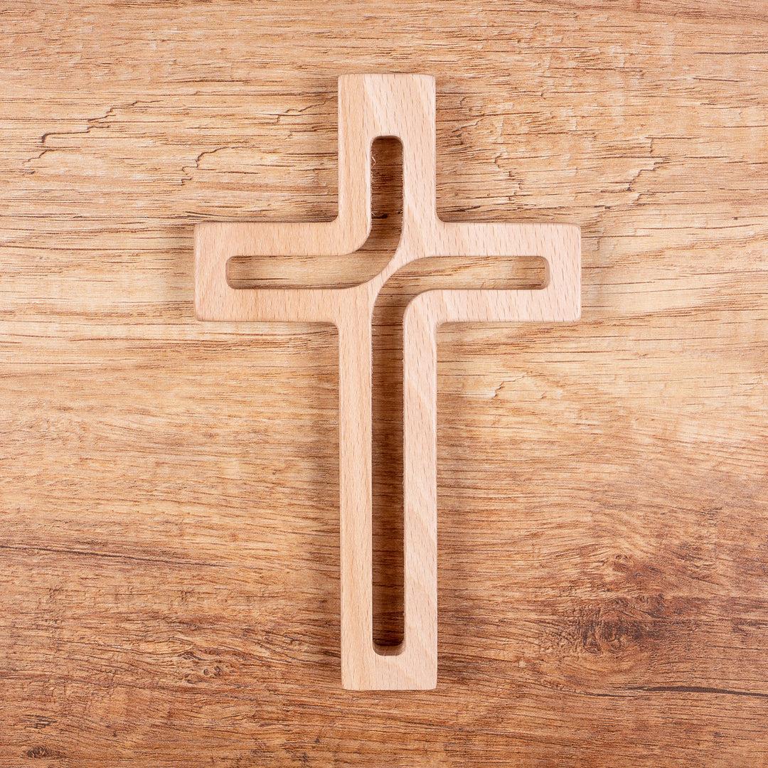 Modern Wall Hanging Cross Natural Wood 25 x 16 x 1.6 cm Decoration Gift Christening Wedding Comunion