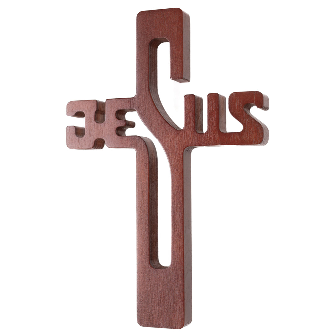 Hangend kruis gemaakt van beukenhout Hangend kruis inscriptie JESUS ​​Modern houten kruis glad oppervlak (Bruin 22x14x1,6cm)