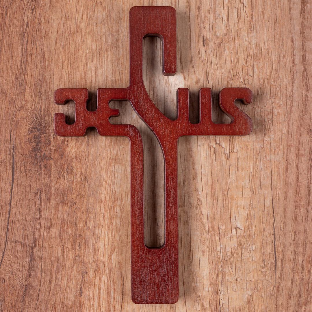 Hängendes Kreuz aus Buchenholz Hängekreuz Aufschrift JESUS Modern Holzkreuz Glatte Oberfläche (Naturholz, 30x20x1,8cm)