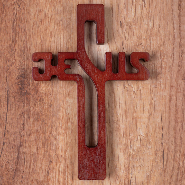 Hangend kruis gemaakt van beukenhout Hangend kruis inscriptie JESUS ​​Modern houten kruis glad oppervlak (Bruin 22x14x1,6cm)