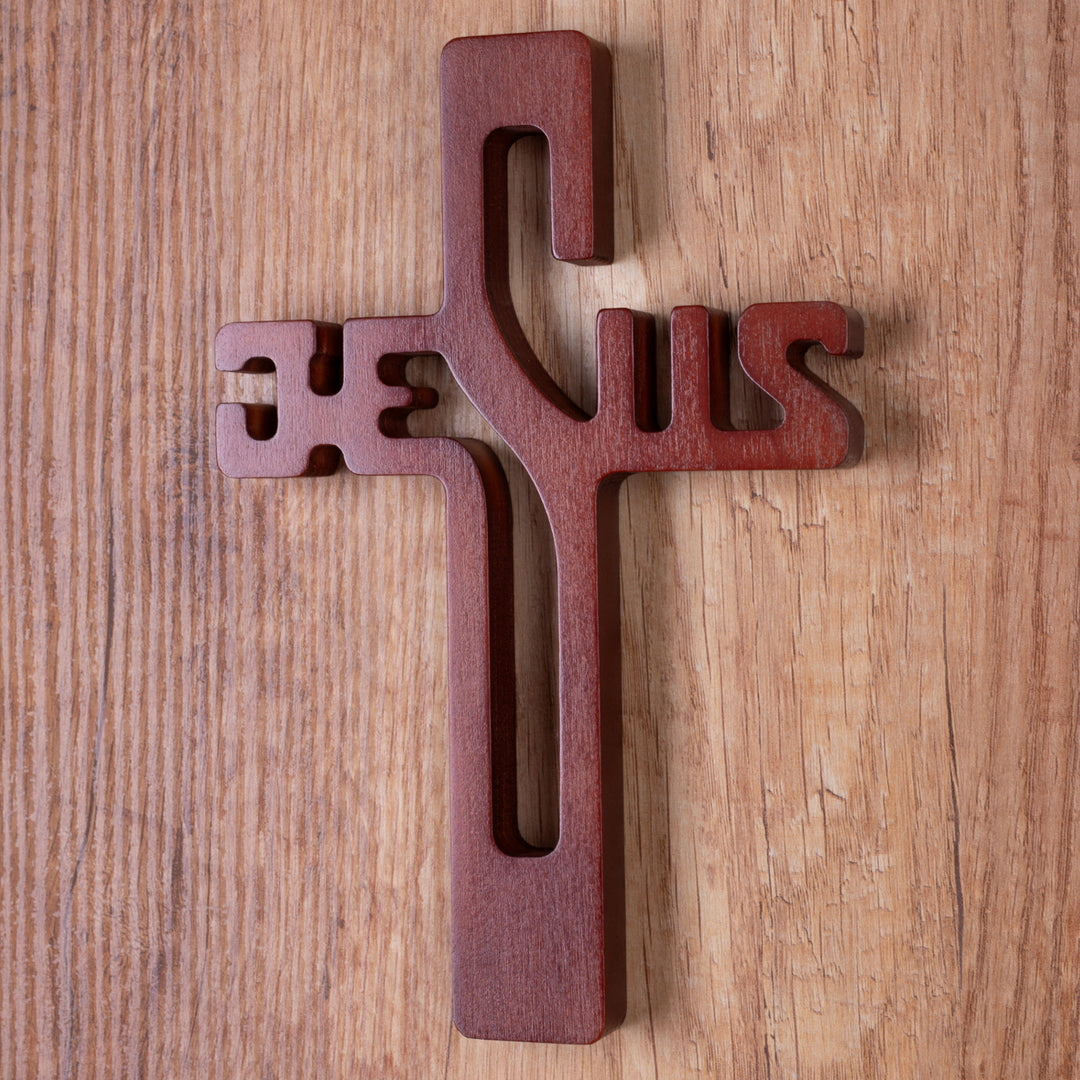 Hängendes Kreuz aus Buchenholz Hängekreuz Aufschrift JESUS Modern Holzkreuz Glatte Oberfläche (Naturholz, 30x20x1,8cm)