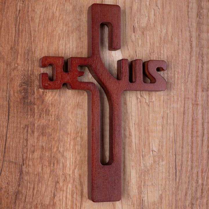 Hängendes Kreuz aus Buchenholz Hängekreuz Aufschrift JESUS Modern Holzkreuz Glatte Oberfläche (Naturholz, 30x20x1,8cm)