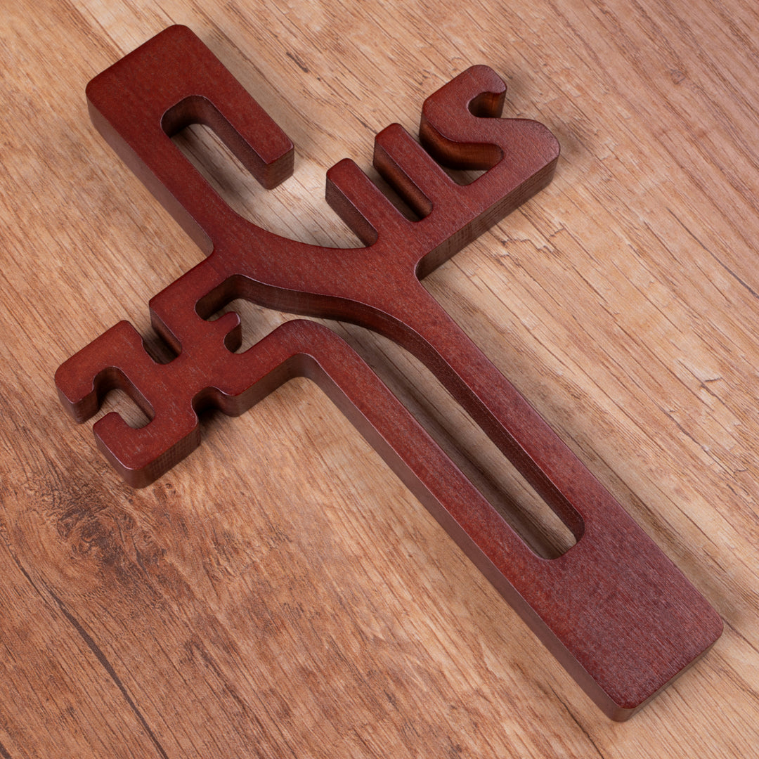 Hängendes Kreuz aus Buchenholz Hängekreuz Aufschrift JESUS Modern Holzkreuz Glatte Oberfläche (Naturholz, 30x20x1,8cm)