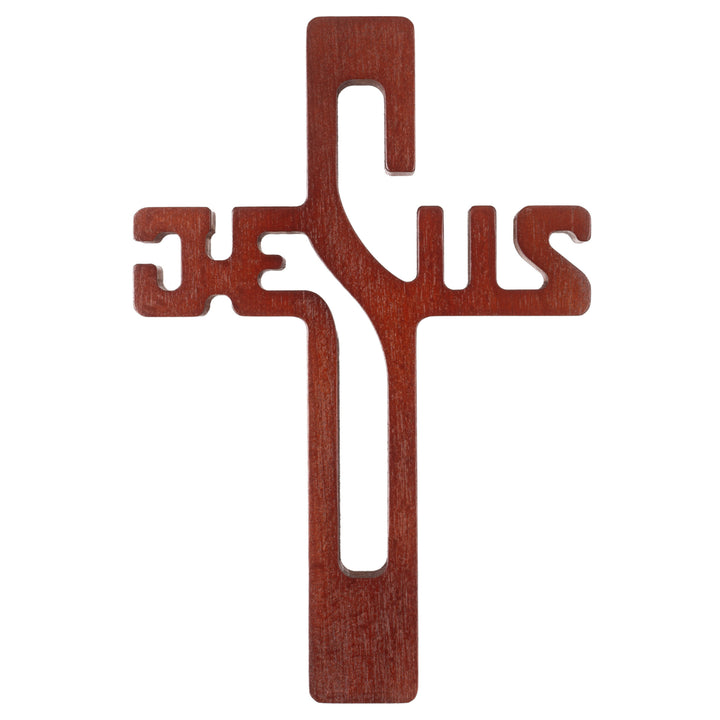 Hangend kruis gemaakt van beukenhout Hangend kruis inscriptie JESUS ​​Modern houten kruis glad oppervlak (Bruin 22x14x1,6cm)