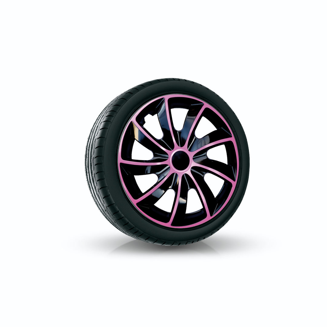 NRM Quad Enjoliveurs bicolores pour jantes en acier Jeu de 4 enjoliveurs de roue bicolores pour voiture Véhicule automobile Convient à la plupart des marques et des jantes Plastique ABS (Noir/Rose, 16")