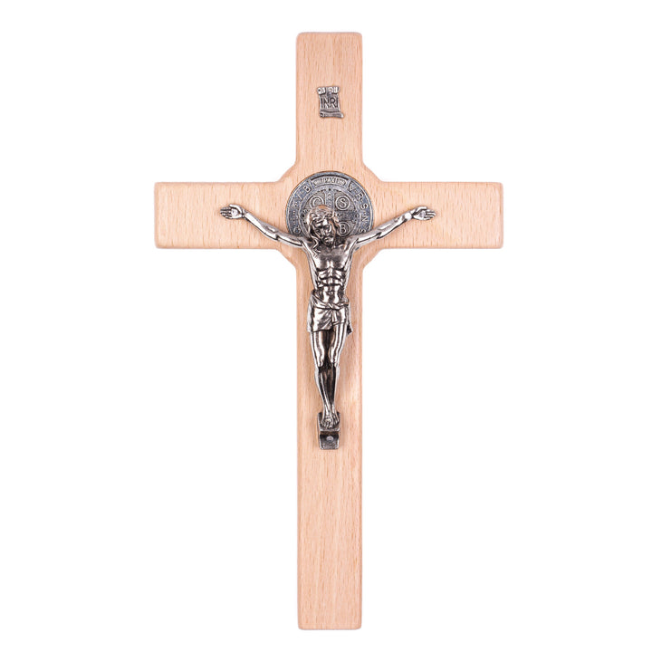 St Benedict's Hanging Cross Natural Beech Wood 18x10cm Decorative with Jesus Gift Idea Wedding Christening Comunion