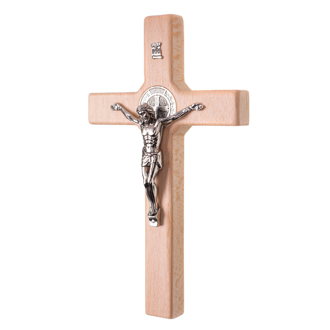 Houten kruis van Sint Benedictus hangend met pasque naturel 18x10x1.8cm