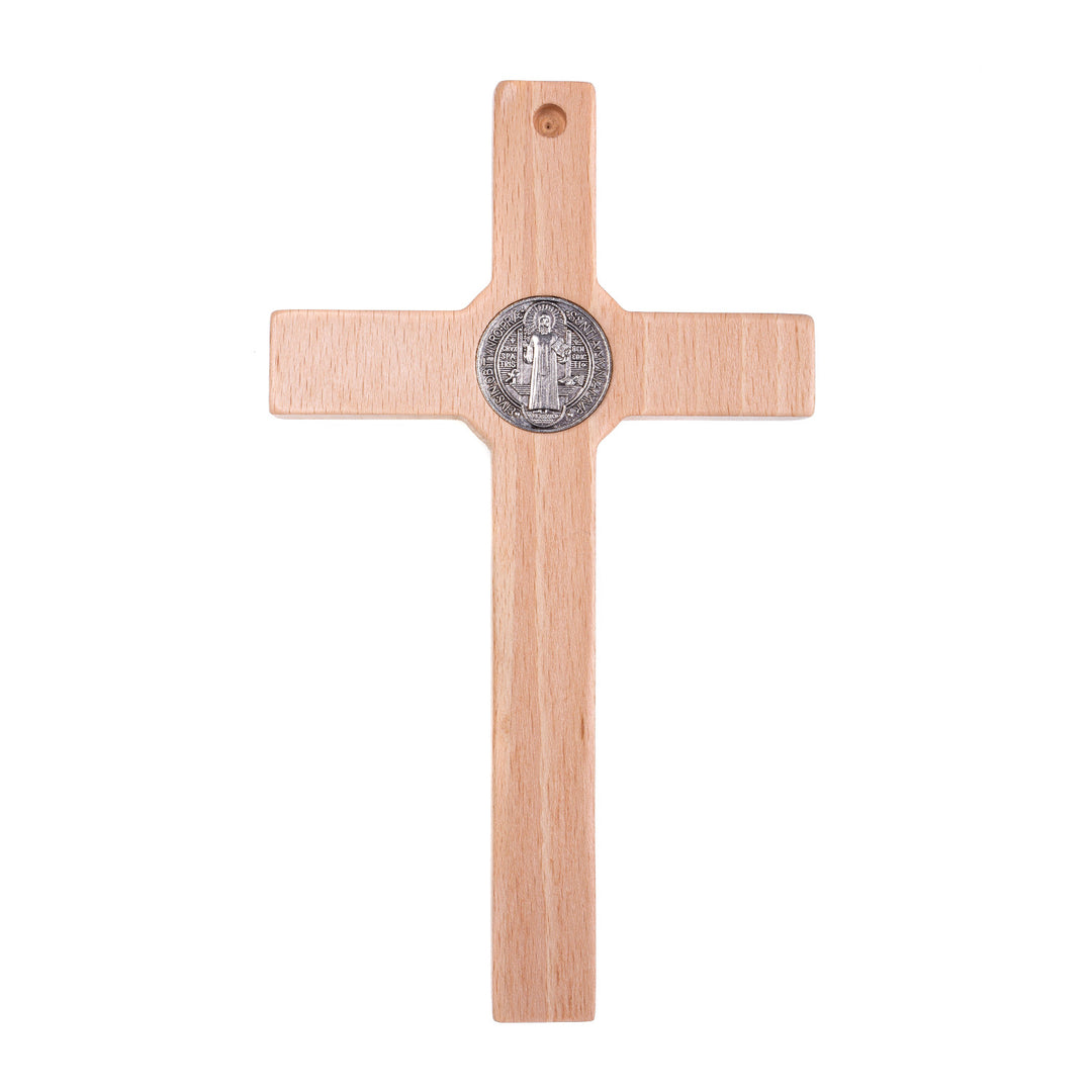 Houten kruis van Sint Benedictus hangend met pasque naturel 18x10x1.8cm