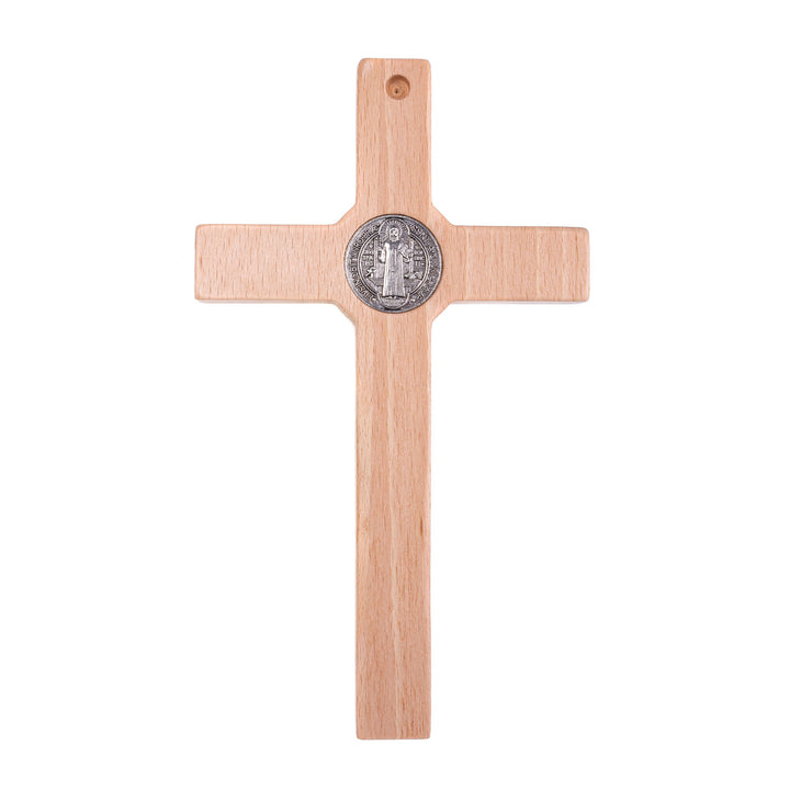 St Benedict's Hanging Cross Natural Beech Wood 18x10cm Decorative with Jesus Gift Idea Wedding Christening Comunion