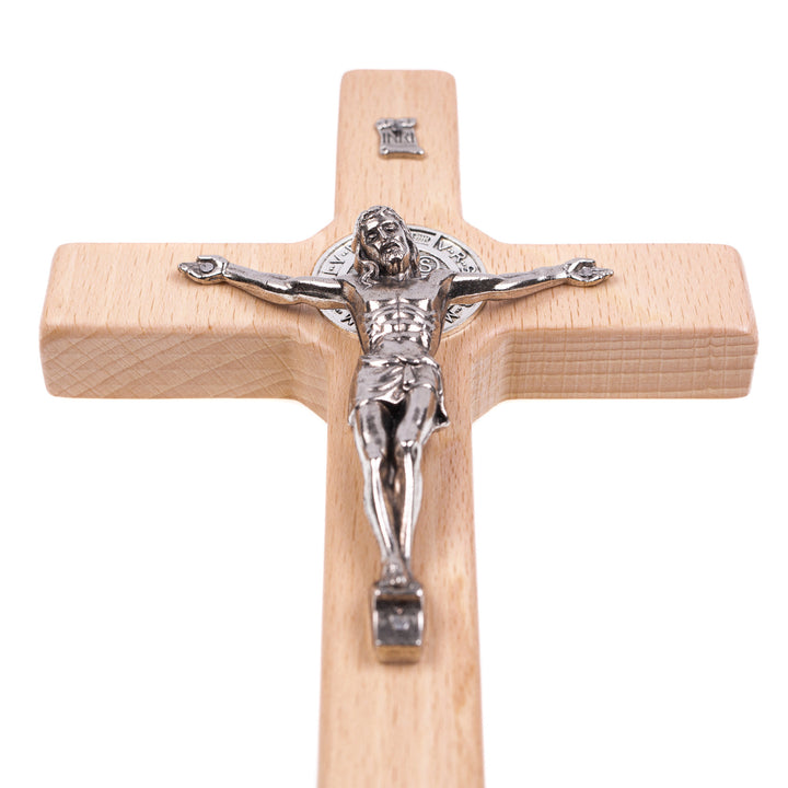 Houten kruis van Sint Benedictus hangend met pasque naturel 18x10x1.8cm