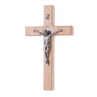 Croce di San Benedetto da appendere in legno di faggio naturale 18x10 cm decorativa con Gesù, idea regalo matrimonio battesimo comunione