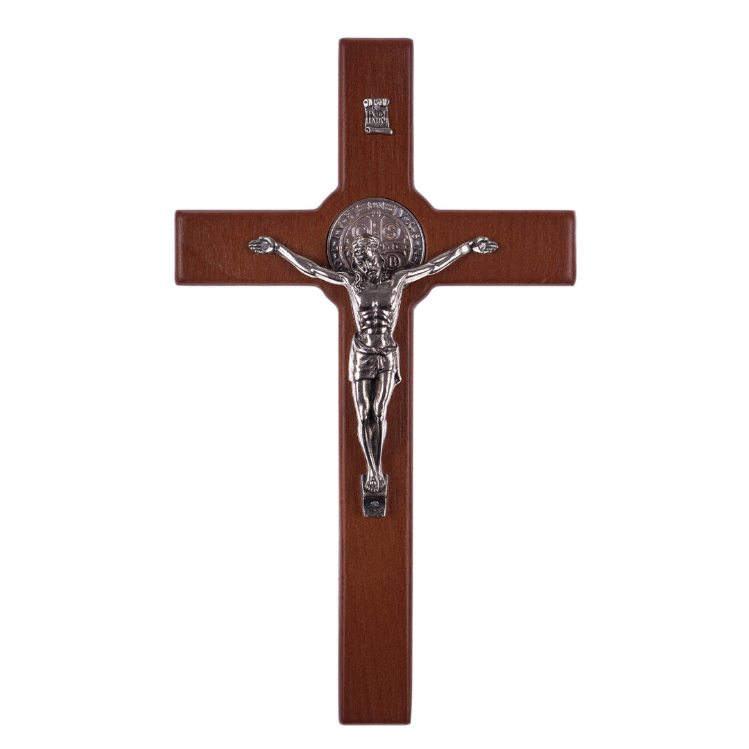 Houten Sint Benedictus kruis hangend met pasque brons 18x10x1.8cm