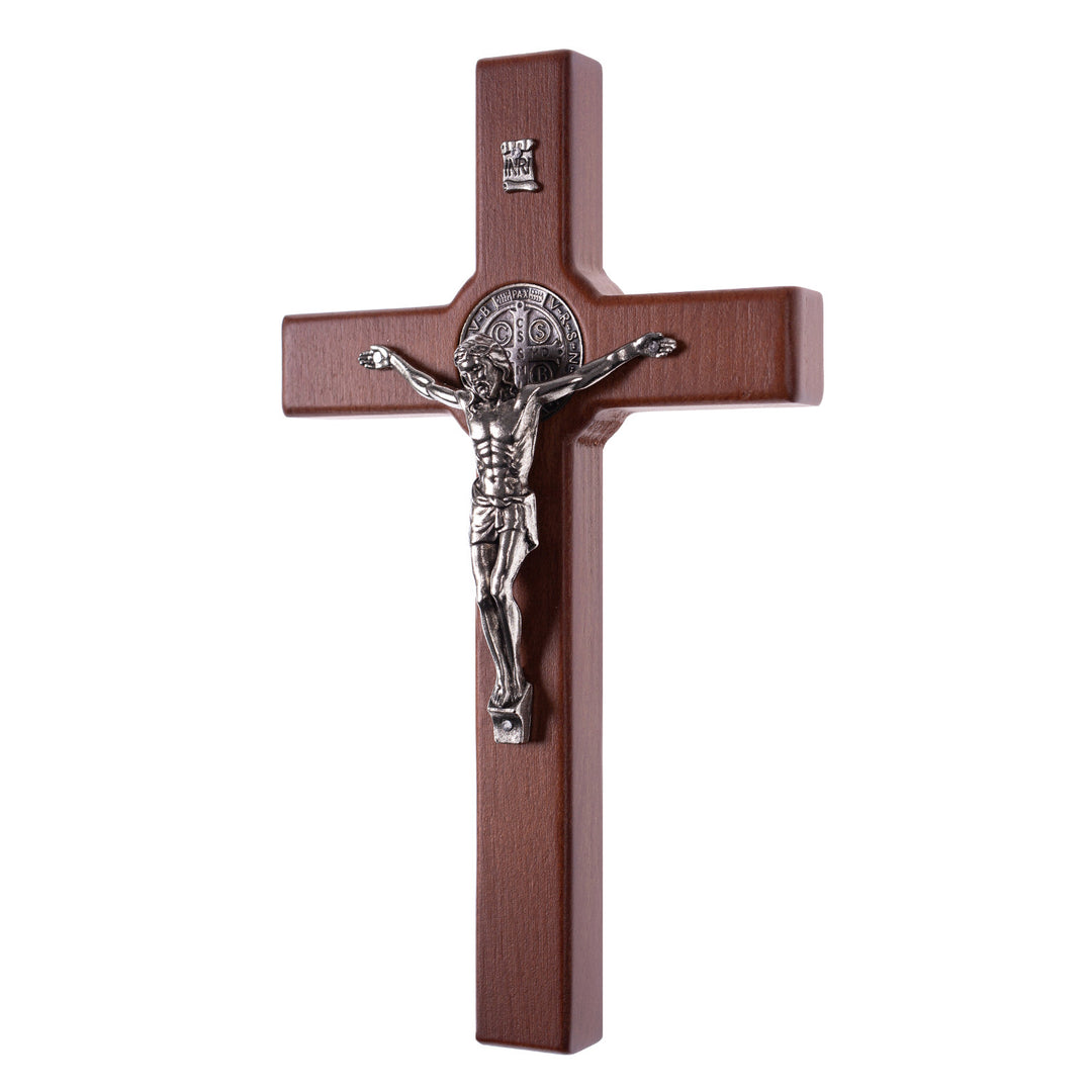 Houten Sint Benedictus kruis hangend met pasque brons 18x10x1.8cm