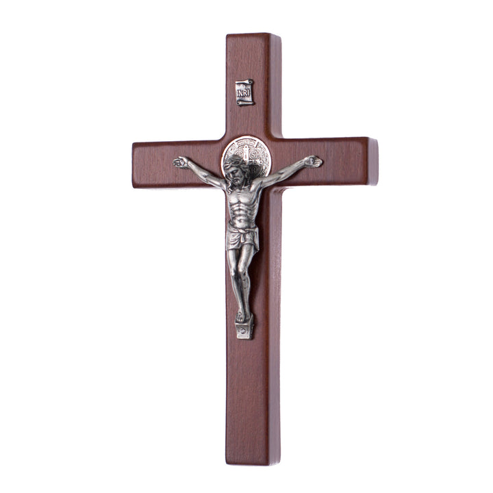 Houten Sint Benedictus kruis hangend met pasque brons 18x10x1.8cm