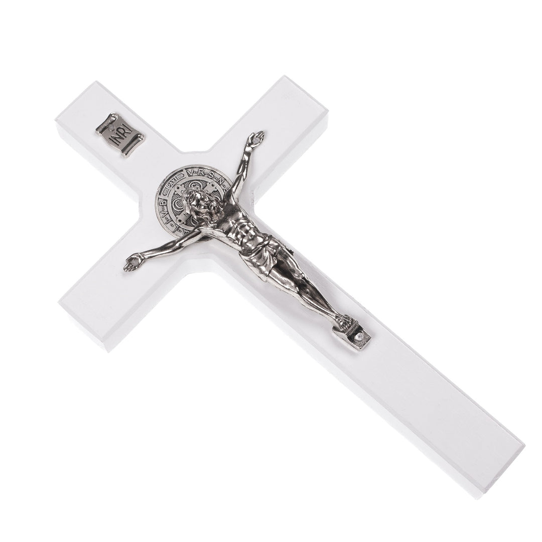 Wooden St. Benedict's cross hanging with a pasque white 18x10x1,8cm.