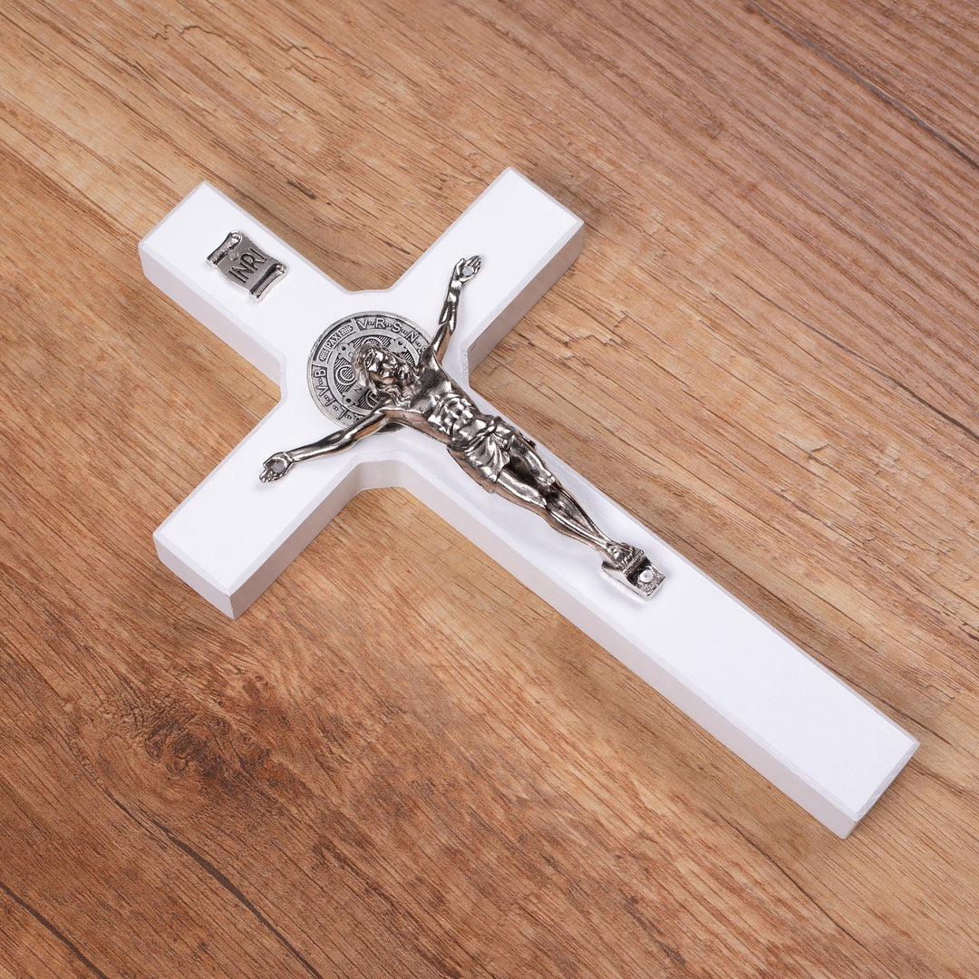 Wooden St. Benedict's cross hanging with a pasque white 18x10x1,8cm.