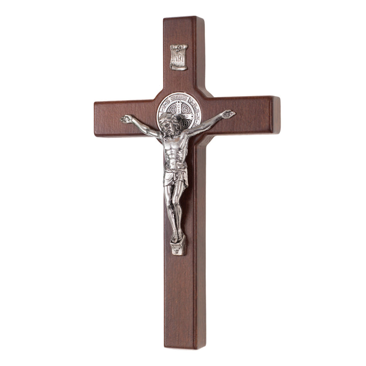 Wooden cross of St. Benedict hanging with a pasque bronze 22x12x1,8cm.