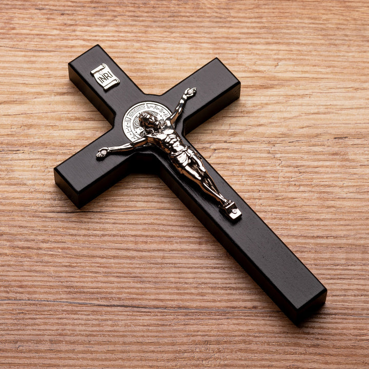 Wooden cross of St. Benedict hanging with passion flower black 22x12x1,8cm.