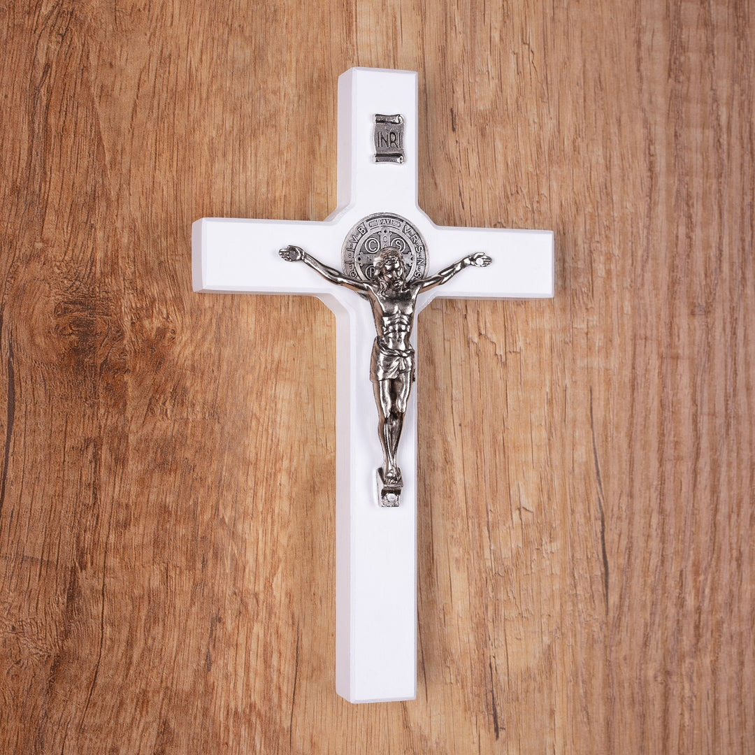 Wooden St. Benedict's cross hanging with a pasque white 22x12x1,8cm.