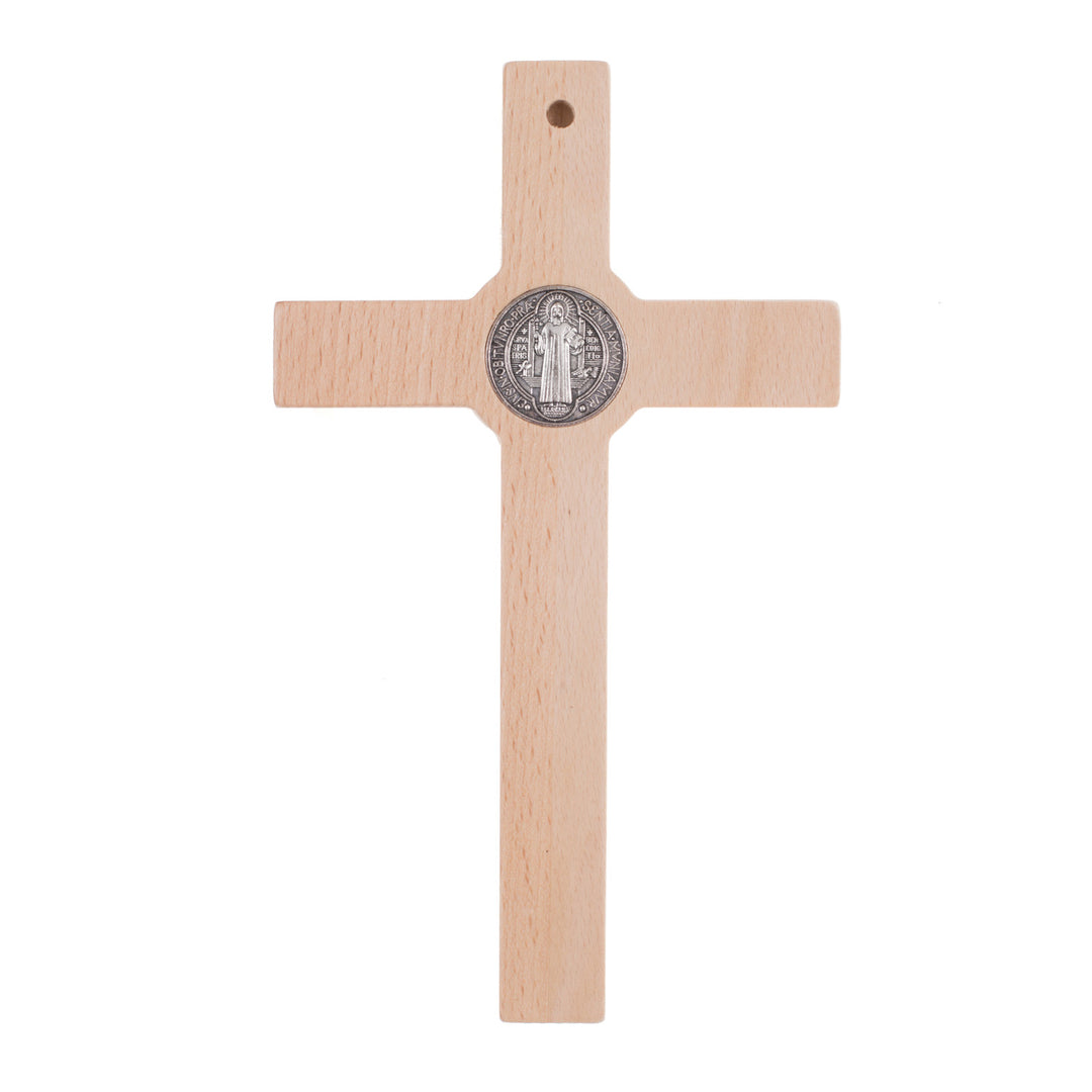 Houten hangend Sint Benedictus kruis met pasque naturel 28x16x1.8cm